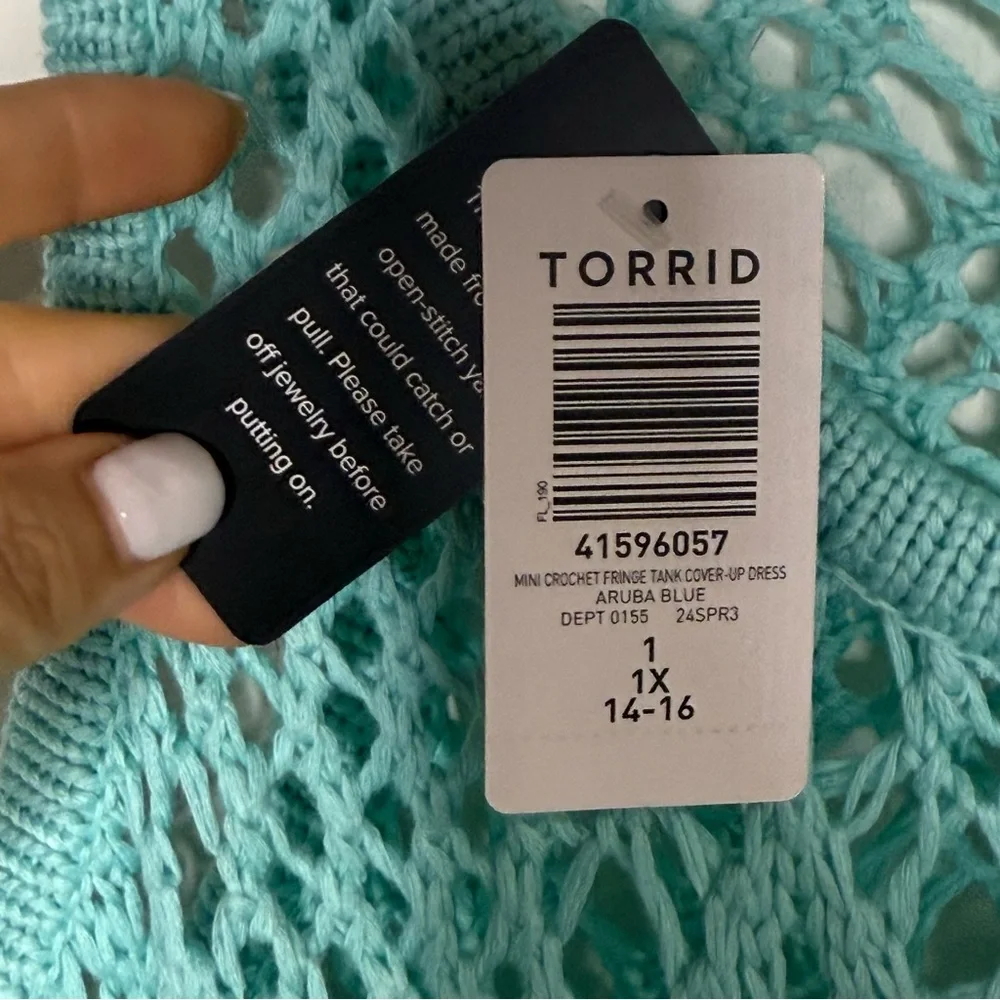 Torrid Crochet Knit Fringe Coverup Dress Size 1X Mint Blue Beach Boho Vacation - Picture 13 of 14